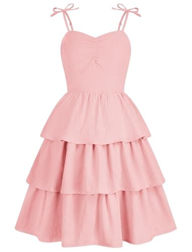 HOZIY Girls Spring Dresses Tween Pink Junior Easter Summer Cute Semi Formal Bridesmaid Wedding Guest Formal Party Spaghetti Strap Dresses Size 9-10 - Image 1