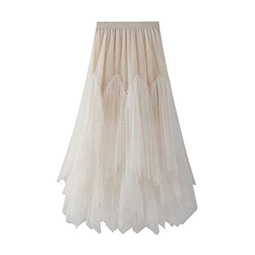 Women's Tulle Skirt Formal High Low Asymmetrical A-Line Fairy Elastic Waist Layered Long Midi Skirts Apricot - Image 1