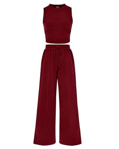 BTFBM Summer Outfits For Women 2026 Ribbed Sleeveless Tank Tops Wide Leg Pants 2 Piece Sets Lounge Set Clothing(Wine Red, X-Large) - Image 1
