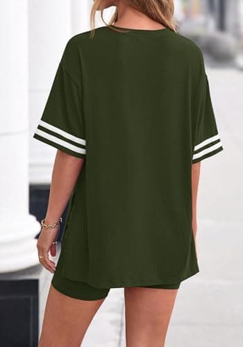 KIRUNDO 2 Piece Sets for Women Summer Lounge Set Airport Travel Outfit 2026 Oversized Shirts Matching Biker Shorts Clothing(Army Green, Large) - Thumbnail 3