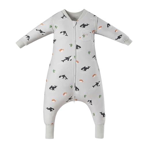 AnZai Merino Wool & Organic Cotton Toddler Sleep Sack with Feet – Removable Sleeves, Wearable Blanket with Legs (Grey Orca Dreams, 3-4 T)