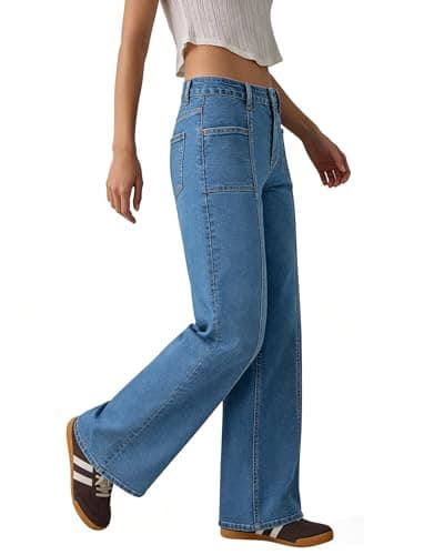 Flvsun Women's High Waisted Wide Leg Jeans Strechy Straight Leg Baggy Jeans Denim Pants Trendy 2026 Mid Blue M - Thumbnail 4