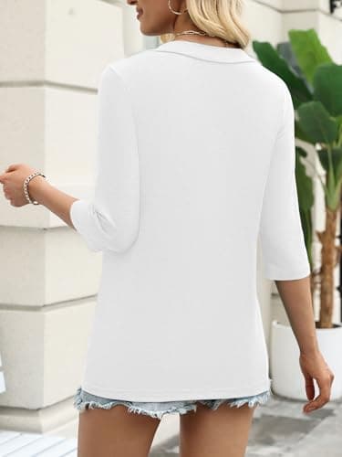 YESTTO Womens Tops 3/4 Sleeve V Neck Tunic Tops Casual Loose Fit Shirts Soft Lightweight Blouses Summer Dressy Basic Tees White - Thumbnail 5