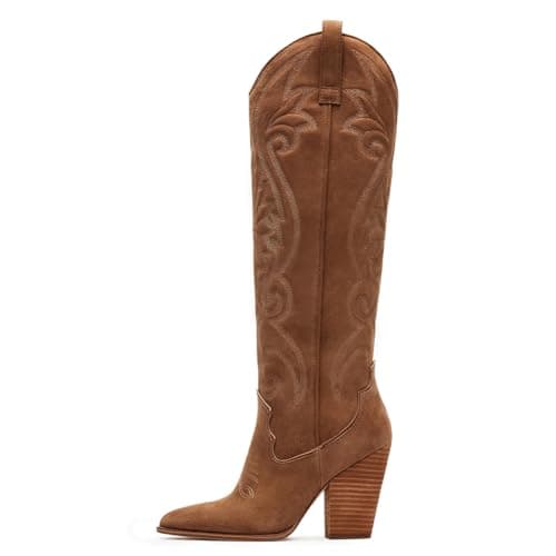 VOMIRA Knee High Cowboy Boots - Suede Women's Pointed Toe Chunky High Heels Pull-on Embroidered Western Wide Calf Cowgirl Boots