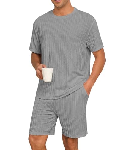 PrinStory Mens Pajamas Set Short Sleeve Crew Neck Pajama for Men 2 Piece Pjs Sets Lounge Set with Pockets Silver Gray-L - Image 1