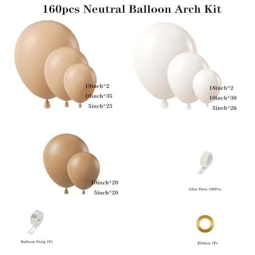 160Pcs Neutral Balloon Garland Arch Kit Brown Beige Nude Tan White Balloons for Neutral Bear Baby Shower Birthday Party Decorations - Thumbnail 2