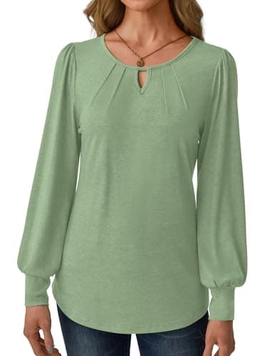 GKBK Women Long Sleeve Tops Dressy Business Casual Blouses Basic Loose Fit Crewneck Work Shirts Pleated Keyhole 2025 Fall Winter Clothes Stylish Outfits Green Medium - Thumbnail 5