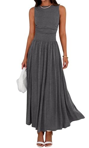 BTFBM Summer Maxi Dresses for Women 2026 Spring Sleeveless Casual Ruched High Waisted Long Sundress Flowy Beach Dress(Dark Grey, Large) - Image 1