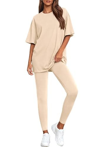BTFBM Two Piece Lounge Set Women 2026 Spring Casual Oversized Shirts Leggings Matching Workout Airport Travel Outfits(Beige, Large) - Image 1