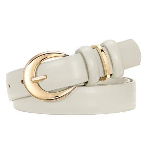 SUOSDEY Women Leather Belt for Jeans Pants Fashion Ladies Skinny Dress Waist Belt with Gold Buckle,0.9" Width,off-white belt - Image 1