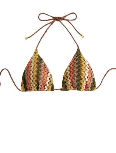 ZAFUL Women's Triangle Bikini Top Sexy Crochet Halter Bikini Tops Knitted Rope Swimsuit Tops Tropical Earthy Mix S - Image 1
