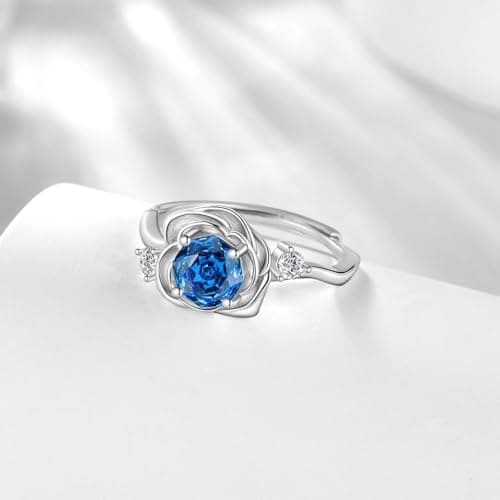 Rose Birthstone Ring - 925 Sterling Silver Rose Cut Cubic Zirconia September Sapphire 3D Flower Adjustable Ring Anniversary Engagement Promise Ring Birthday Jewelry Gift for Wife Mom Daughter DR0166S - Thumbnail 2