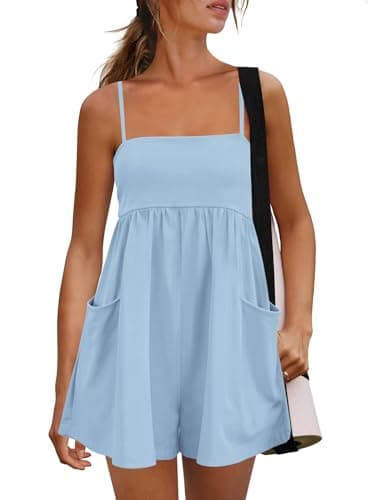 Panadila Womens Summer Rompers Beach Vacation Clothes Spaghetti Strap Short Jumpsuits Square Neck Dress with Pockets (Light Blue,XL) - Image 1