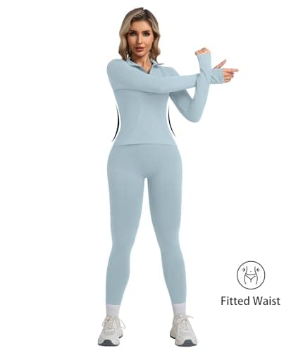 YOAKUKA Womens 2 Piece Workout Sets Quarter Zip Pullover High Waist Butt Lifting Leggings Seamless Yoga Outfits Gym Sets - Thumbnail 2