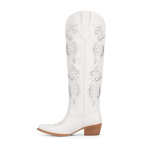 Easyfox White Cowboy Boots for Women Butterfly Embroidered Knee High Cowgirl Boots Chunky Heel Rhinestone Western Boot Pointed Toe Slip on Block Heel Cow Girl Boot Size 8.5 - Thumbnail 4