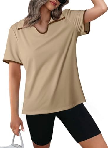 Dokotoo Womens Tops Polo Shirts for Women Summer Workout Quick Dry Tennis Shirt Collared V Neck Short Sleeve Golf Shirts Lightweight Exercise Comfortable Tee Shirts Women's Clothing Khaki Tshirts M - Image 1