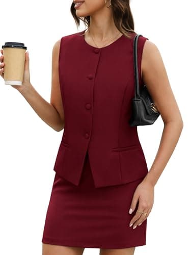 Casly Lamiit Womens Two Piece Blazer Sets Summer Vest and Skort Suit Set Short Skirt Waistcoat Work Dressy Causal Matching Outfits Wine Red XL - Image 1