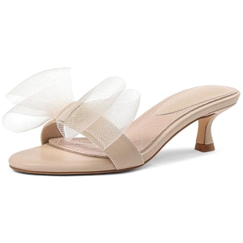 Tarkwa Kitten Heels for Women Open Round Toe Low Heels Sexy Vintage Mules with Bow Slip On Backless Heeled Sandals, Fashion Dress Shoes for Daily, Weeding, Party, Casual Beige 7 - Thumbnail 4