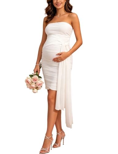 Yissang Maternity Strapless Dress Baby Summer Ruched Bodycon Removable Sash - Image 1