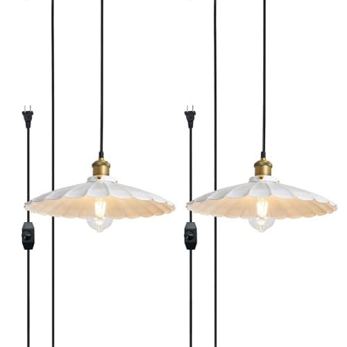 Oyisen Hanging Lamp Plug in White 15.7 Inch Metal Lampshade Pendant Light Adjustable 14Ft Cord Pendant Light Plug in Living Room Bedroom Farmhouse Industrial Hanging Lights 2Pack - Image 1
