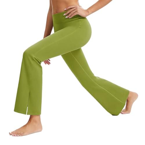 AMLEER Women's High Waist Full-Length Flare Leggings with Side Slit - Tummy Control Butt Lifting Gym Yoga Pants (Green, Large) - Image 1