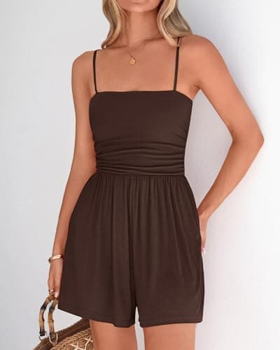 BTFBM Summer Rompers For Women 2026 Casual One Piece Spaghetti Strap Sleeveless Shorts Jumpsuit Beach Vacation Outfits(Brown, XX-Large) - Thumbnail 5