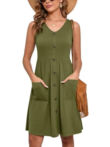 Heymoments Women Summer Dress Olive Green XX-Large Sleeveless V Neck Casual Cute Loose Sundress Comfy Swing Button Down Midi Work Flowy Tunic Ladies Beach Vacation Teacher Dresses with Pockets - Image 1
