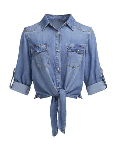 PRETTYGARDEN Women's Rolled 3/4 Length Sleeve Tie Knot Front Summer Tops V Neck Lapel Collar Button Down Modern Denim Shirts (Light Blue, Medium) - Image 1