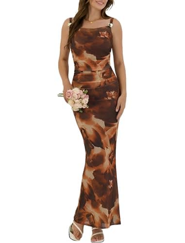 ZAFUL Brown Floral Dress Women's Sexy Wedding Guest Dress Formal Sleeveless Cocktail Mesh Ruched Bodycon Maxi Party Long Dresses - Image 1