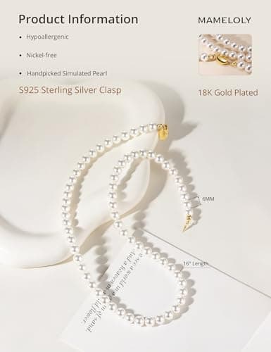 Mameloly Pearl Necklaces for Women Dainty 925 Sterling Silver 18K Gold Plated 6MM Simulated White Pearl Choker Necklace Strand for Her Engagement Wedding Birdal - Thumbnail 2