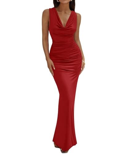 BTFBM Cocktail Dresses for Women Spring 2026 Cowl Neck Sleeveless Ruched Slim Fit Maxi Summer Formal Wedding Guest Dress(Red, XX-Large) - Image 1