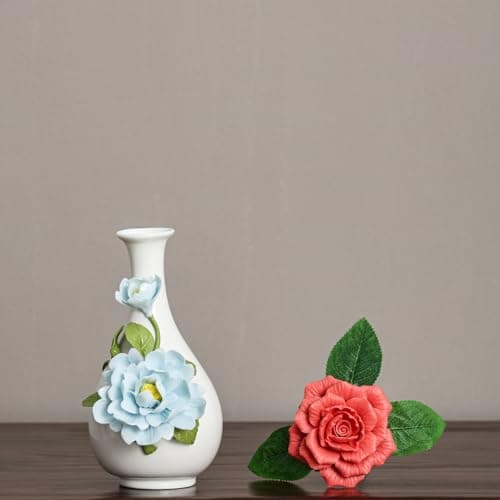 Handmade Pinched Flowers Ceramic Vase with One Ceramic Rose Flower, Home Decor Ceramic Vase for Dining Table, Living Room, Kitchen, Bedroom, Shelf, Office, Coffee Table, Restaurant & Fireplace Mantel