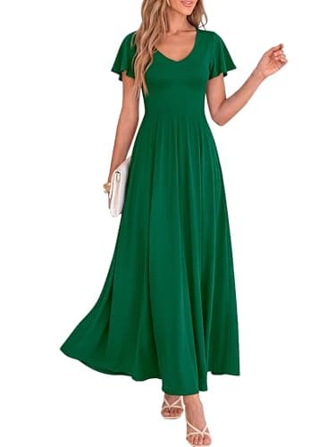 BTFBM Formal Dresses for Women Summer Outfits V Neck Ruffle Sleeve A Line Maxi Elegant Cocktail Wedding Guest Dress 2026(Green, Medium) - Image 1