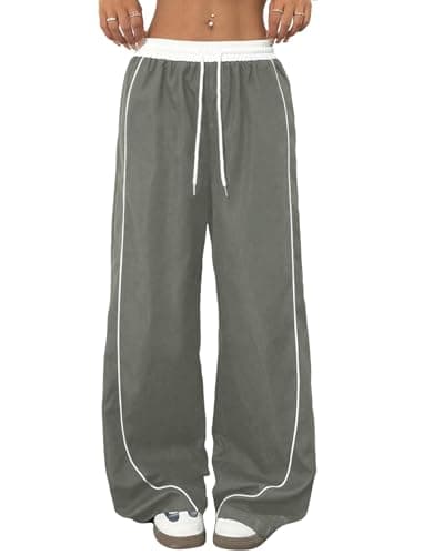 ZAFUL Womens Parachute Pants Y2K Wide Leg Cargo Sweatpants Drawstring Waist Jogger Pants with Pockets Grey XXL - Image 1