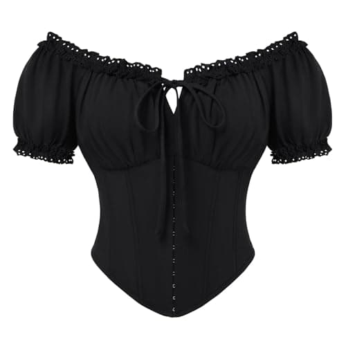 Scarlet Darkness Women Corset Tops Renaissance Off the Shoulder Shirt Teens Summer Dressy Lace Square Neck Blouse Black XXL - Image 1