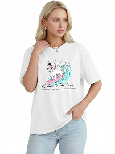 Aiyino Womens Funny Dog Graphic Tee Oversized Cute Dog Art Shirt for Pet Lovers Casual Cotton T-Shirt Gift Top Surf Dog White L - Thumbnail 4