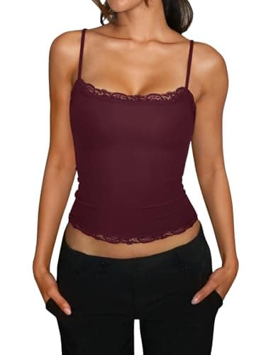 PINKMSTYLE Y2K Lace Trim Square Neck Cami Top for Women Slim Fit Double Lined Adjustable Straps Tank Tops Sexy Y2K 2026 Navy Blue Large - Thumbnail 3