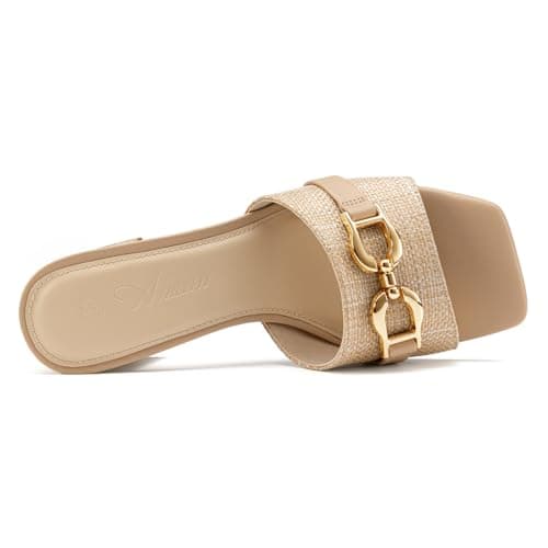 Athlefit Raffia Heeled Sandals for Women Mules Square Peep Toe Chunky Block Heels Slip On Comfortable Casual Slide Sandals Natural Size 9.5 - Thumbnail 6