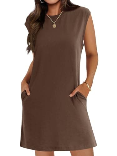 Wenrine Womens Summer Mini Dress Casual Short Sleeve Crewneck Loose Basic T Shirt Dresses with Pockets Coffee - Image 1