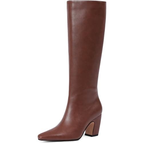 Tarkwa Women's Knee High Boots, Comfortable Square Toe Faux Leather Boot Fashion Long Tall Boots for Riding Chunky High Heeled Dress/Casual Boot, Brown Size 8.5 - Image 1