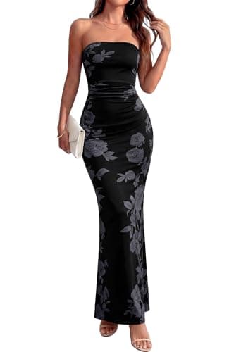 BTFBM Women Summer Strapless Maxi Dress 2026 Bodycon Floral Long Wedding Guest Dress Formal Tube Mesh Cocktail Dresses(Floral Black, Small) - Image 1