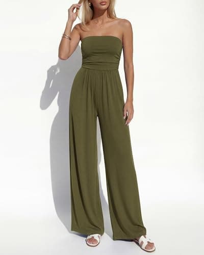 BTFBM Jumpsuits For Women Summer 2026 Beach Vacation Strapless Tube Top Jumpsuit Ruched Casual Wide Leg Pant Rompers(Army Green, Large) - Thumbnail 6