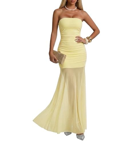 Curvphilo Strapless Bodycon Maxi Dress Women Double Lined Modal Mesh Formal Cocktail Party Wedding Guest Dress (Double Lined, US, Alpha, Medium, Regular, Regular, Butter Yellow) - Image 1