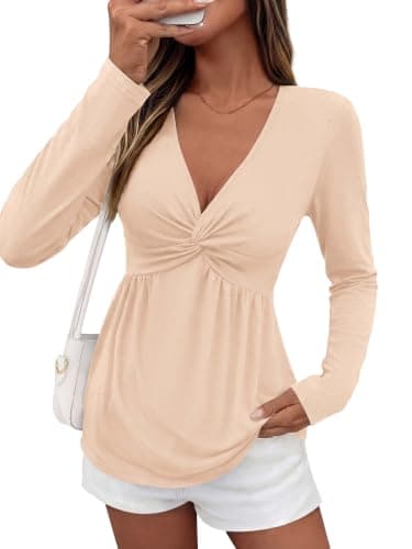 BTFBM Babydoll Tops for Women 2026 Fall Fashion Twist Front V Neck Flowy Long Sleeve Blouses Dressy Casual Peplum Tops(Beige, XX-Large) - Image 1