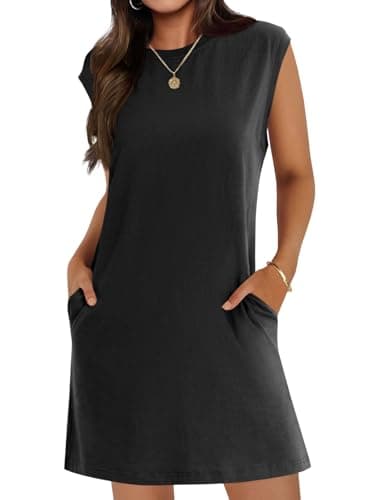Wenrine Womens Summer Mini Dress Casual Short Sleeve Crewneck Loose Basic T Shirt Dresses with Pockets Black - Image 1