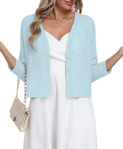 Jouica Shrug Women Crochet Lightweight Hollow-Out 3/4 Sleeve Button Front Cardigan Cropped Elegant Cover Up - Image 1
