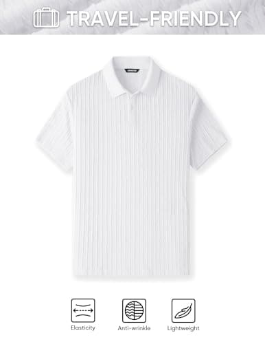 JMIERR Mens Polo Shirt Short Sleeve Casual Beach White Button Up Vacation Knit Shirt Texture, M - Thumbnail 5