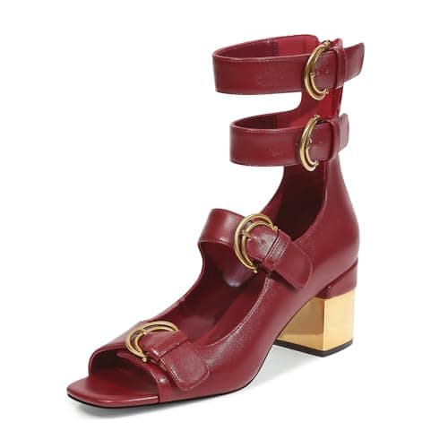 LOCERICH Womens Heeled Sandals Chunky Block Heels Open Toe Strappy Comfortable Ankle Strap Gold Low Heel Dress Shoes for Women - Office, Date, Party, Summer Casual Outings - Image 1
