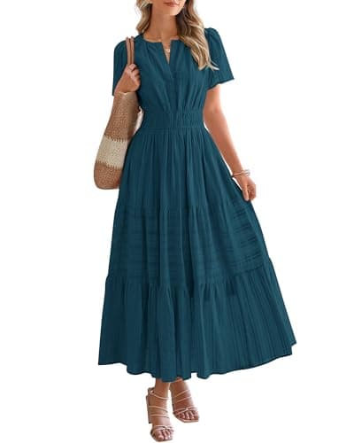 BTFBM Womens Summer 2026 Casual Midi Maxi Dresses Lightweight Short Sleeve V Neck Elastic Waist Boho Beach Dress Pockets(Lake Blue, XX-Large) - Image 1
