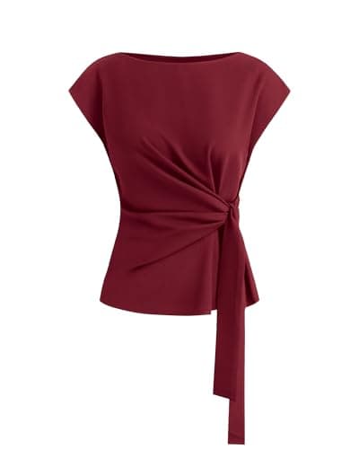 BTFBM Womens Tops Summer 2026 Cap Sleeve Crew Neck Tie Waist Blouses Dressy Casual Business Work Clothes Spring Fashion(Red, XX-Large) - Image 1